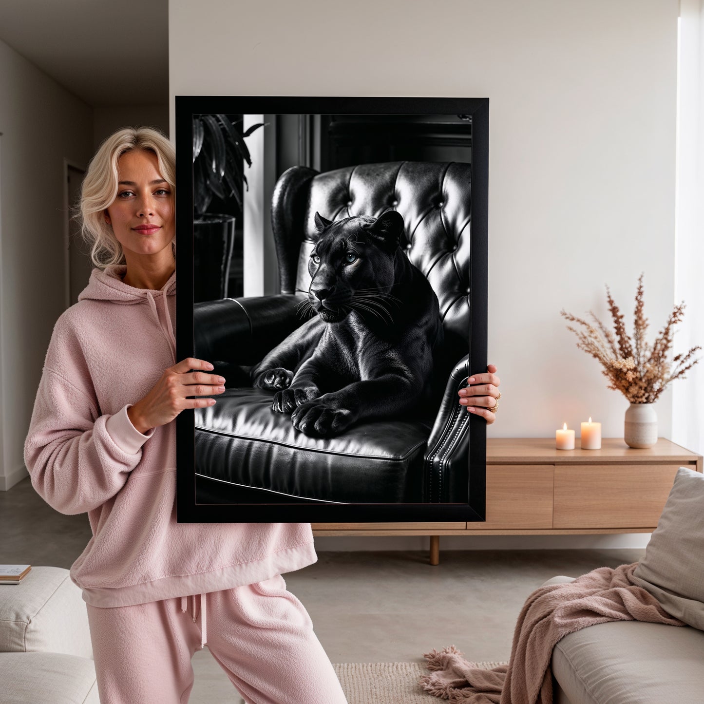 Allure Nocturne – Panthère sur Fauteuil Cuir